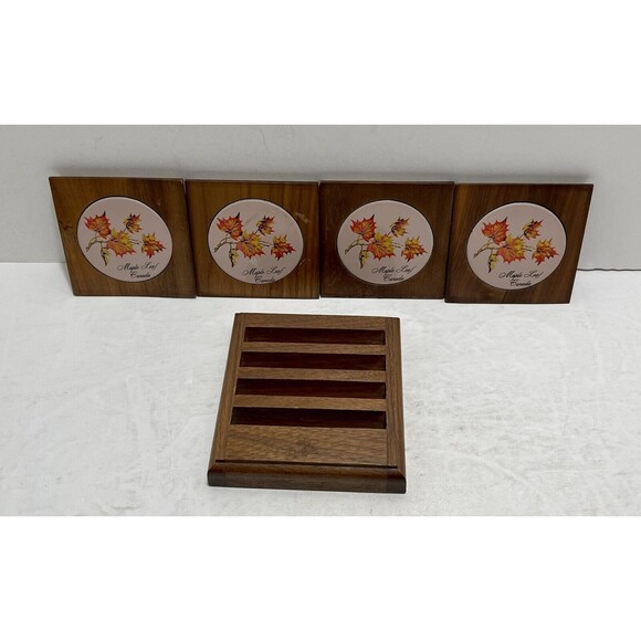 Vintage  Midcentury Modern Walnut Coaster Caddy w/ Enameled Maple Leaf - Picture 8 of 9